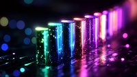 Colorful neon glowing test tubes in row with sparkling particles and bokeh lights on dark background for science laboratory research concepts.