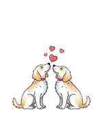 Two adorable beagle dogs sitting together with floating red hearts above them on white background isolated for romantic pet designs.