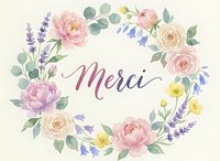 Elegant floral wreath with pink roses, lavender, and eucalyptus leaves surrounding handwritten Merci text on cream background for wedding invitations.