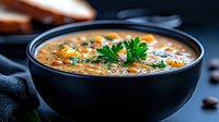 Hearty vegetable soup with lentils and beans in black ceramic bowl garnished with fresh parsley, dark moody food photography on blue background.