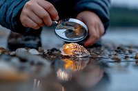 Child exploring nature with magnifying glass examining seashell on beach at sunset, magical golden light reflection in water creates dreamy atmosphere.