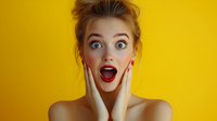 Young woman with surprised expression and open mouth against bright yellow background showing shocked emotional reaction with hands on cheeks.