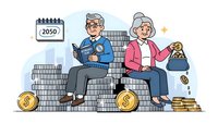 Senior couple planning retirement savings sitting on stack of coins with 2050 calendar showing future financial security and pension goals.