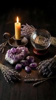 Mystical fortune telling setup with crystal ball, amethyst stones, beeswax candle and dried lavender on dark wooden table for spiritual practices.