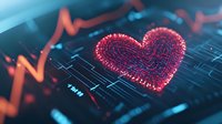 Glowing red heart shape on digital circuit board with heartbeat line graph, combining healthcare technology and love concept in modern medical design.