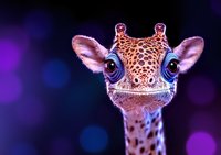 Whimsical giraffe character with bright blue eyes and spotted pattern against purple bokeh background, close-up portrait showing playful expression and unique personality.