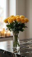 Fresh yellow roses in clear glass vase on marble surface with soft natural lighting and candles creating warm romantic home interior atmosphere.