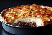 Homemade shepherd's pie with golden brown mashed potato crust, minced meat filling and melted cheese topping garnished with fresh herbs, served in baking dish.