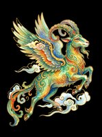 Ornate mythical winged goat with intricate gold, green, and blue decorative patterns, isolated on transparent background. Ready for t-shirts, stickers, clipart, sublimation, and print-on-demand designs.