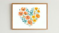 Watercolor floral heart arrangement with orange poppies and yellow flowers on white background for romantic decor and wedding designs.