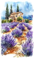 Watercolor illustration of a charming Provencal farmhouse surrounded by blooming lavender fields, perfect for travel marketing, postcards, and Mediterranean lifestyle designs.