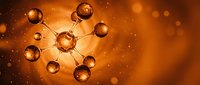 Molecular structure with connected atoms on warm orange background with bokeh lights for scientific research and chemistry education materials.