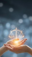 Hands holding glowing scales of justice symbol with golden light particles on blurred blue background, representing law, fairness, legal services, and ethical business practices.