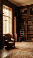 Elegant traditional library interior with wooden bookshelves, rolling ladder, leather armchair and warm natural lighting for luxury home design.