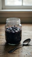 Glass jar filled with dark berry jam or preserve sitting on wooden table next to metal spoon, with window and sill in soft focus background for food styling and culinary content.