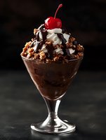 Decadent chocolate sundae with whipped cream, nuts and cherry in elegant glass against dark background for dessert menu and restaurant marketing.