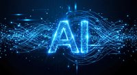 Glowing blue AI letters with digital network connections and flowing data streams on dark background for technology and artificial intelligence concepts.