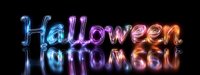Glowing neon Halloween text with colorful gradient from blue to purple to orange, reflected on dark surface creating spooky festive lettering effect.