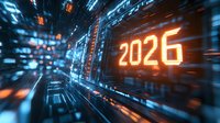 Glowing orange 2026 number in futuristic digital tunnel with blue light streaks and motion blur effect creating dynamic perspective and technological atmosphere.