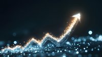 Glowing upward arrow chart with sparkles and bokeh effects on dark background shows business growth and success concept for financial presentations.