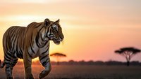 Majestic tiger walking across savanna landscape during golden sunset with acacia tree silhouette in background creating dramatic wildlife scene for nature photography.
