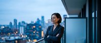 Professional businesswoman standing on modern office balcony overlooking city skyline at dusk, arms crossed, confident pose for corporate leadership concepts.