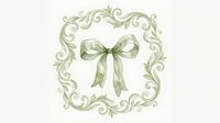 Elegant sage green ribbon bow with ornate vintage scrollwork frame on white background isolated for wedding invitations and feminine design projects.