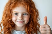 Cheerful young girl with bright red curly hair and freckles showing thumbs up gesture against white background, expressing positivity and confidence.