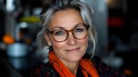 Confident mature businesswoman with blonde hair and glasses smiling warmly at camera. Professional portrait showing genuine expression and modern eyewear against dark background.