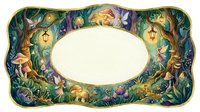 Enchanted forest frame with magical creatures, fairies, lanterns and mystical elements surrounding blank oval space for text or design.