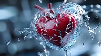 Red heart shape splashing through clear water with dynamic liquid motion and droplets creating crystalline patterns against blue toned background. Romantic concept.