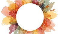 Autumn watercolor frame with fall leaves and paint splashes surrounding white circle for text or logo design.