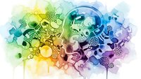 Abstract watercolor background with colorful gears and mechanical elements in rainbow gradient from yellow to purple for creative design projects.