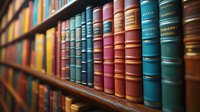 Row of antique leather-bound books with colorful spines arranged on wooden shelf in library or study room setting for education and knowledge concepts.