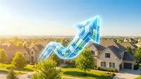 Aerial view of suburban residential neighborhood with glowing upward trending arrow overlay symbolizing property value growth and real estate investment success.