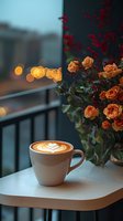 Cozy coffee cup with latte art heart pattern next to orange roses bouquet on balcony table at dusk, with soft bokeh city lights creating romantic atmosphere.