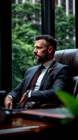 Mature bearded businessman in dark suit sitting thoughtfully in leather armchair near window, side profile view against blurred green background. Professional corporate portrait.