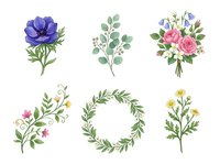 Purple rose with buds and green foliage, eucalyptus branch with leaves, pink rose bouquet with small flowers, delicate pink floral spray with stems, circular wreath of green leaves and branches, yellow wildflowers with foliage. Isolated botanical elements for design, invitations, and decorative projects.