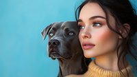 Young Asian woman with dark hair and natural makeup poses with black Labrador retriever against blue background, creating emotional pet portrait.