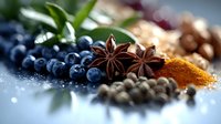Fresh blueberries with star anise and aromatic spices on rustic wooden surface for culinary cooking and healthy organic food preparation.