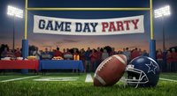 Football helmet and ball on field with game day party banner under stadium lights for sports celebration and tailgate events.