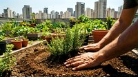 Urban rooftop garden with person planting seedlings in soil with city skyline background, sustainable agriculture and green living concept.