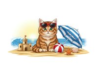 Tabby cat sitting on sandy beach with striped umbrella, beach ball, starfish and sandcastle. Summer vacation and pet travel concept for holiday designs and seasonal marketing materials.