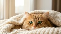 Cozy ginger cat with bright green eyes peeking out from a soft knit blanket near a sunny window, capturing warmth and comfort.