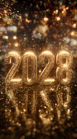 Golden 2028 numbers with sparkling particles and bokeh lights on dark background, creating festive atmosphere for New Year celebration.