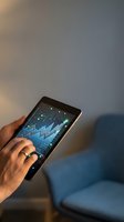 Hand holding a tablet displaying a glowing digital stock market chart with circuit board elements, symbolizing fintech and data analytics.