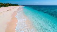 Pristine sandy beach with turquoise ocean waters meeting pink-tinted shoreline, aerial view of tropical coastline with lush green vegetation and crystal clear waves.
