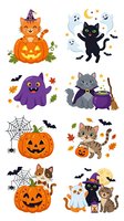 Cute cartoon cats, ghosts, pumpkins, and spooky elements isolated on white background. Perfect for Halloween designs, children's crafts, greeting cards, and seasonal decorations.