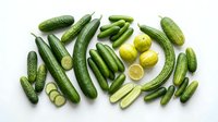 Fresh green vegetables including cucumbers, okra, limes and peas arranged on white background. Healthy organic produce for cooking and nutrition concepts.