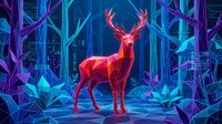 Neon deer with glowing antlers in futuristic cyber forest with electric blue and purple lighting effects for digital art and gaming concepts.